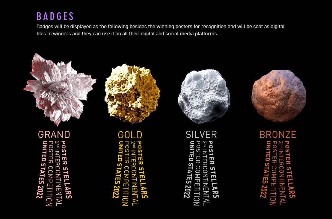 圖為「美國海報恆星大賽」用宇宙銀河概念頒發(由左而右)「大恆星Grand」、「金星Gold」、「銀星Silver」、「銅星Bronze」4種獎項,獎項標章識別前衛新穎