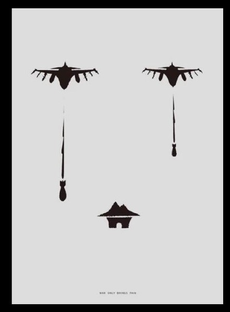 圖為陳郭益言的得獎作品「War Only Brings Pain」,以戰鬥機為眼睛、拋下的飛彈為淚水、房屋為嘴唇、屋頂為山地、房門為墳墓,以簡單明瞭方式表達戰爭帶來的苦痛